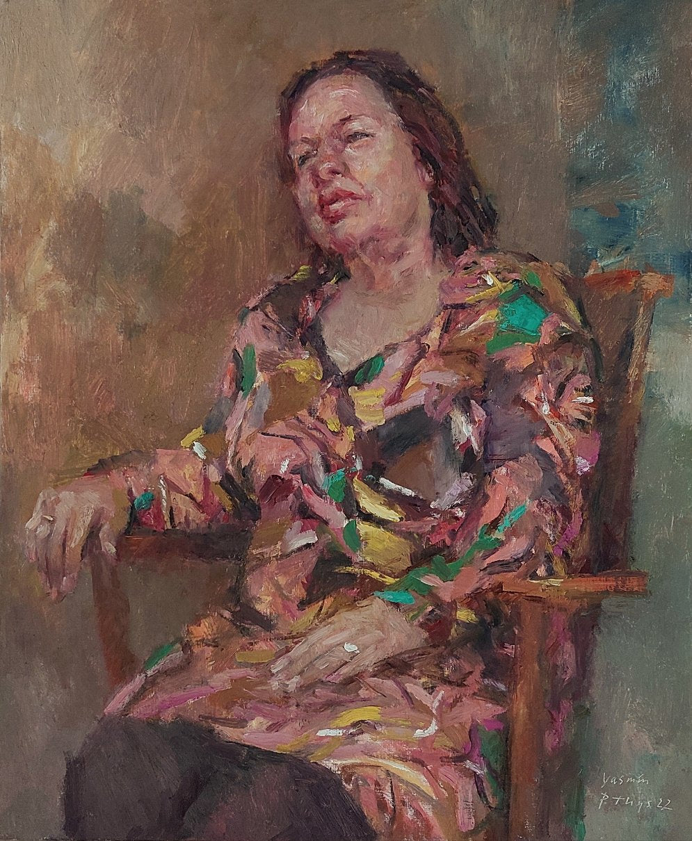 ‘Yasmin in a patterned dress’ 2022 oil on board 61x50cm