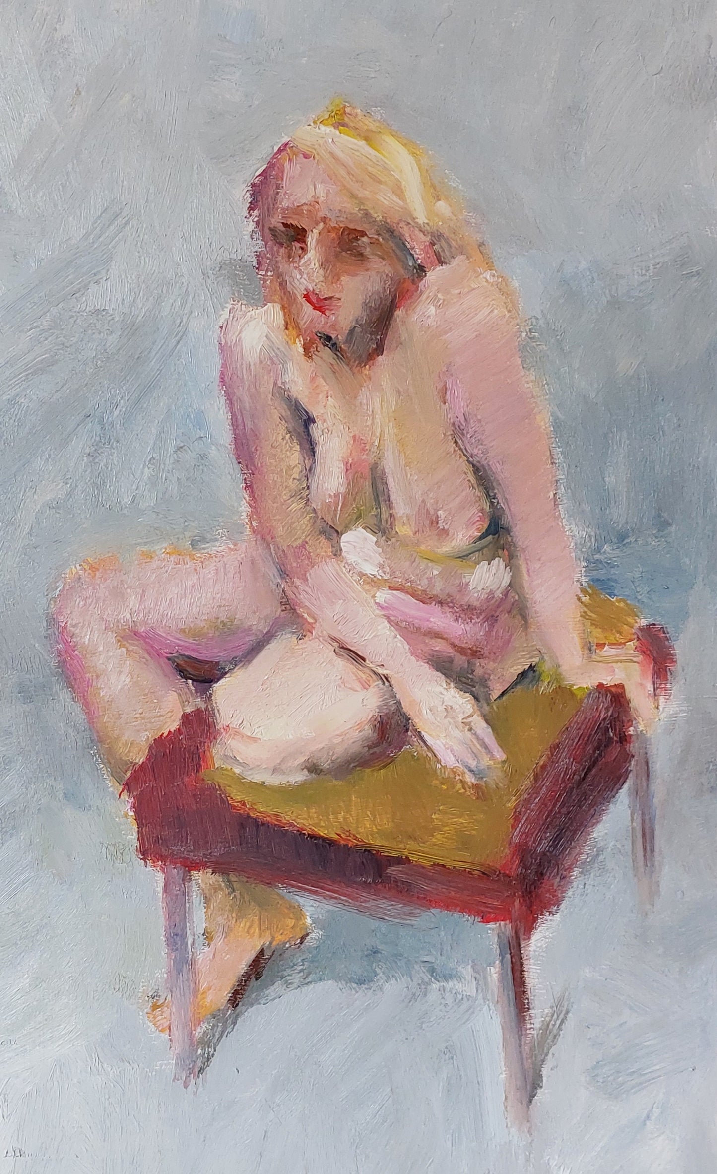 ‘Sitting on a stool Figure study’ 2022 oil on board 50x30cm