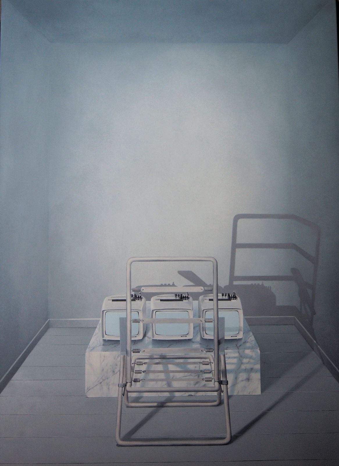 ‘Interior with Zanussi portable tv’s still life’ 1977 oil on linen 180x130cm