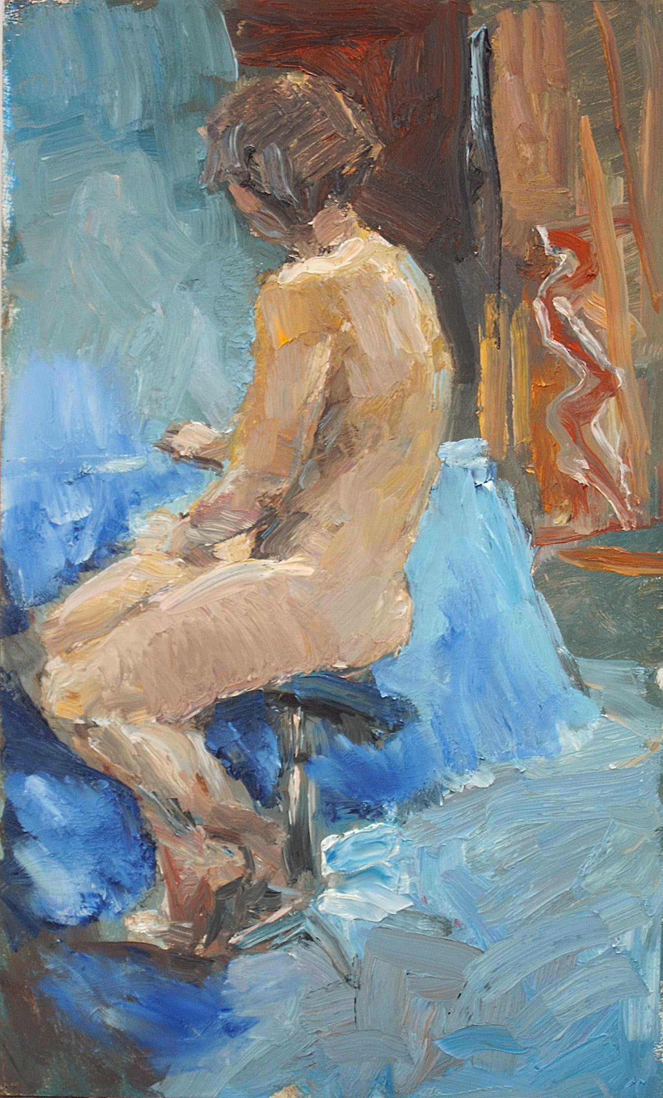 ‘Figurestudy with blue interior’ oil on board 59x36cm