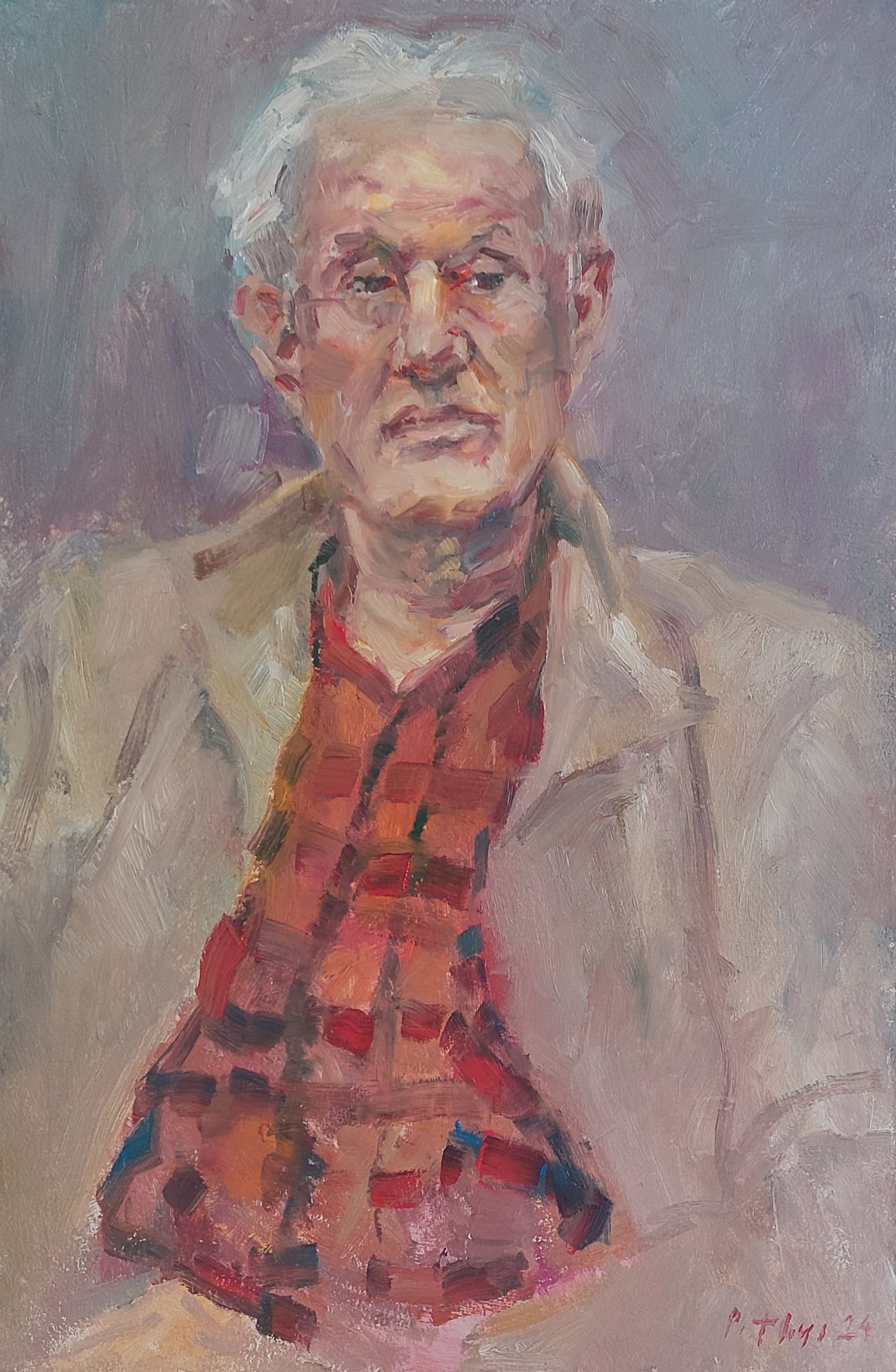 Paul Meeuws 1947 auteur, dichter, dutch author. 
PeterThijs 'Paul Meeuws' 2024 oil on plywood 68x43cm