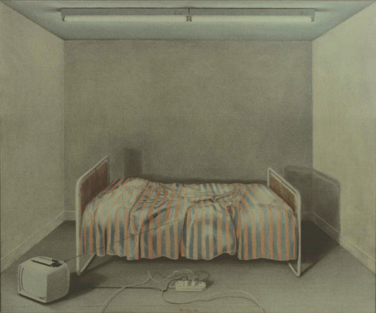 ‘Interior with small bed and Zanussi portable tv ’ 1976 oil on linen 150x180cm