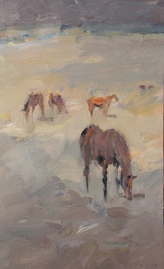‘Grazing horses’ 2008 oil on board 48x26,5cm