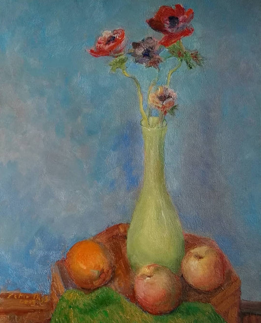 ‘Still life with orange and anemones’  50x40cm oil on linen 2003