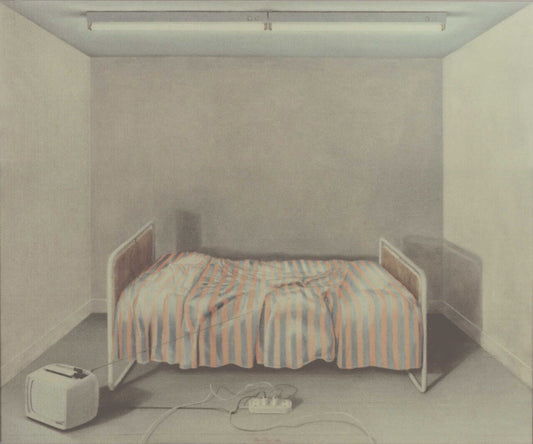 ‘Zanussi portable Interior with small bed’ 1976 oil on linen 150x180cm